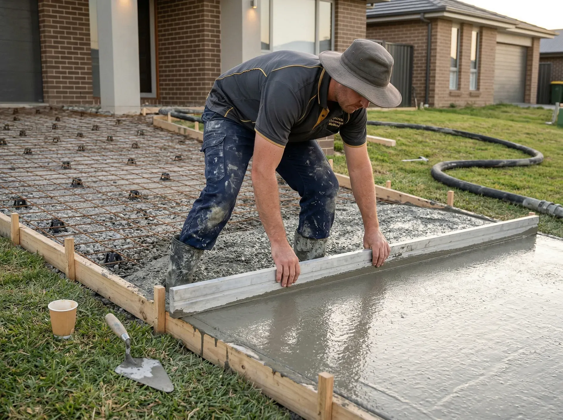Concreter screeding a fresh concrete driveway